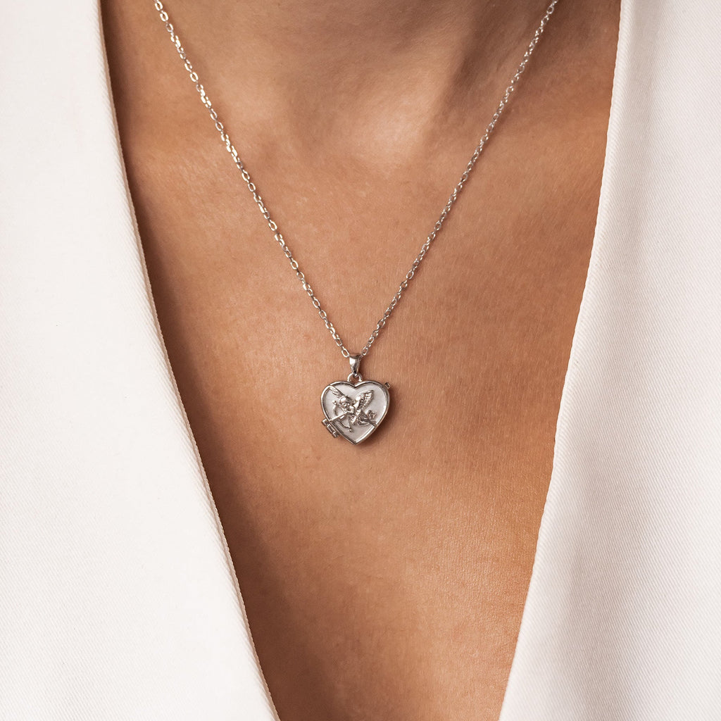 Cupid Heart Locket Necklace Sterling Silver
