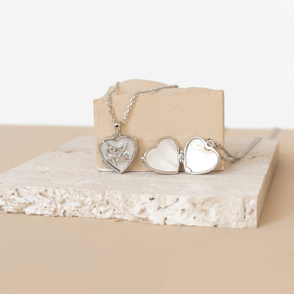Cupid Heart Locket Necklace Sterling Silver