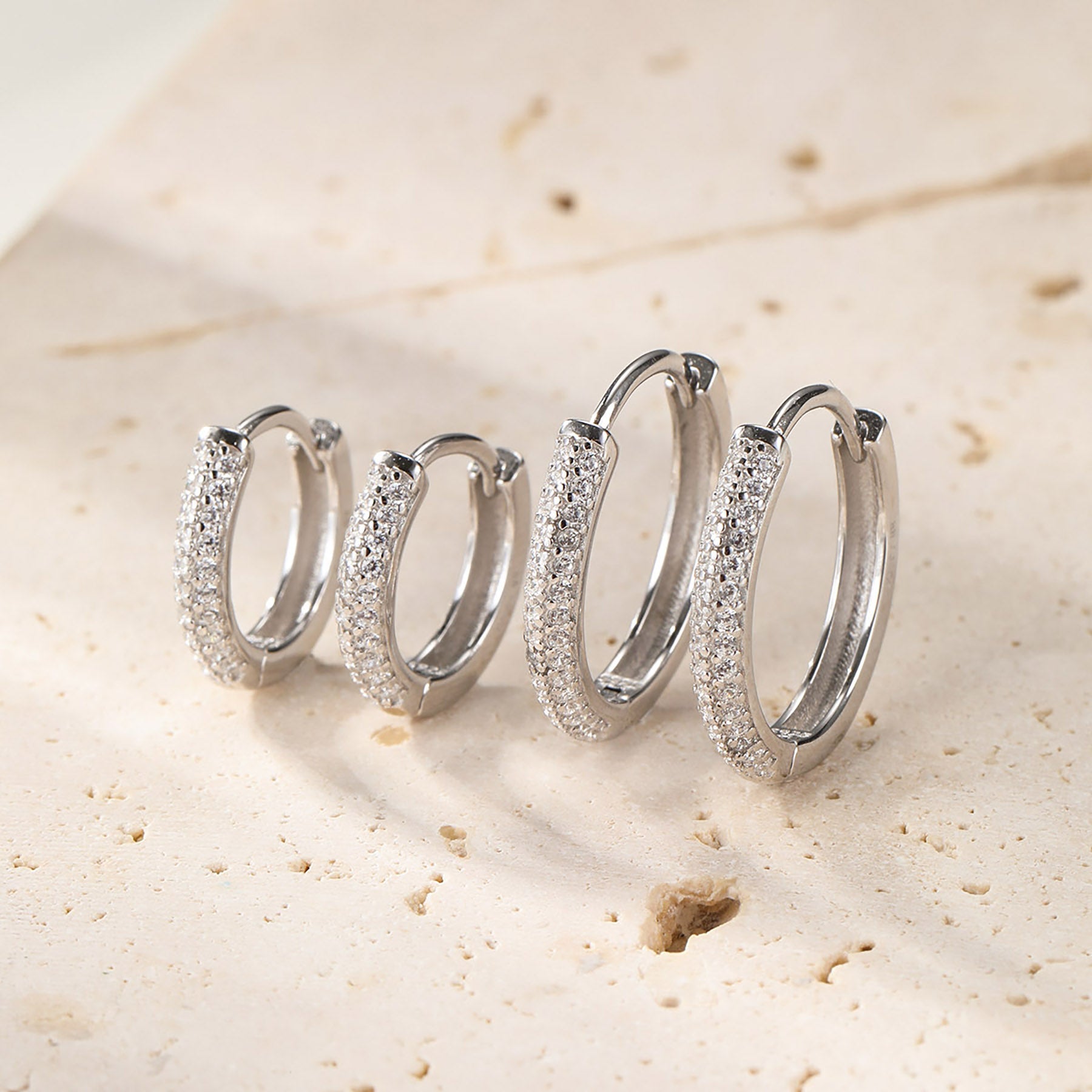 Double Clear Stone Hoop Earrings Sterling Silver
