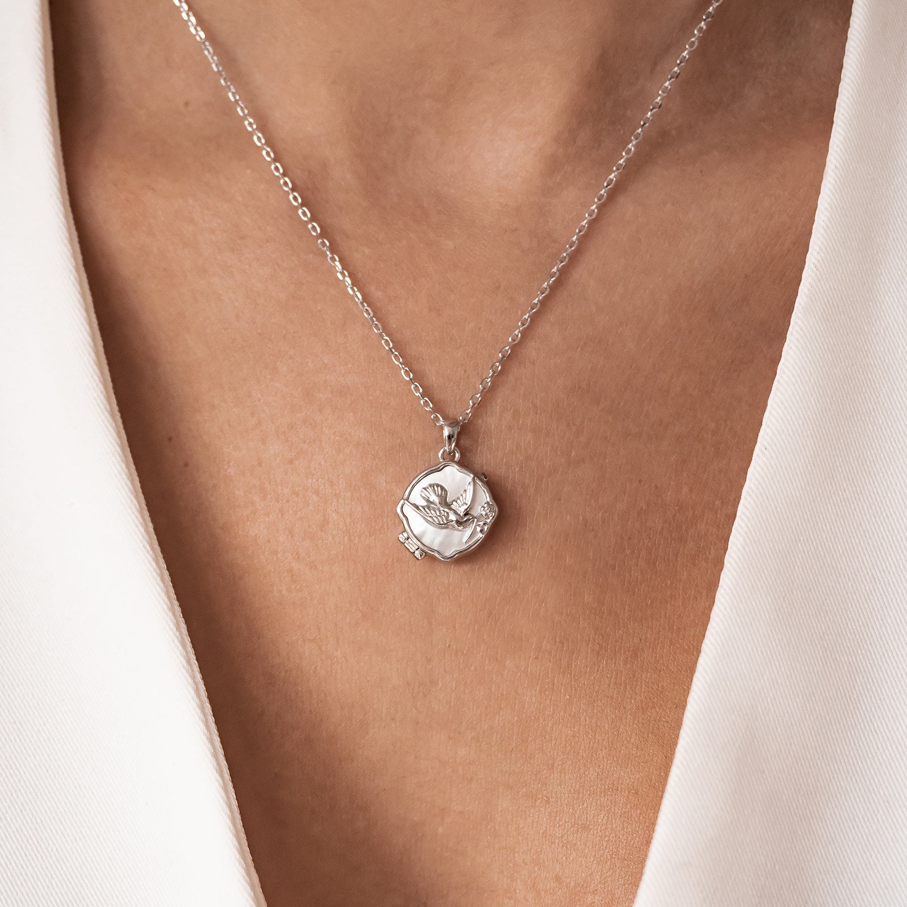 Dove & Olive Branch Locket Necklace Sterling Silver