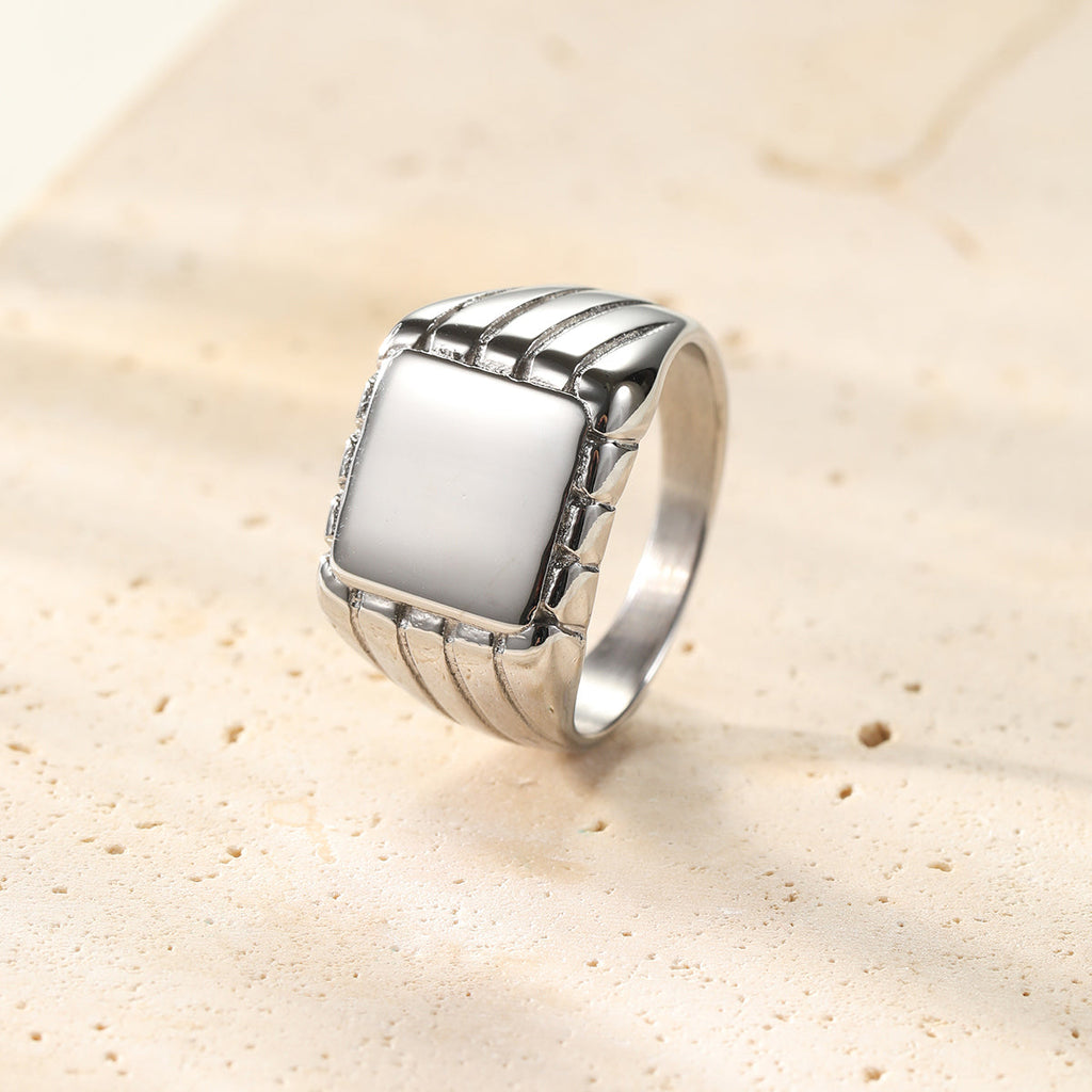 Engraved Square Signet Ring Men Stainless Steel