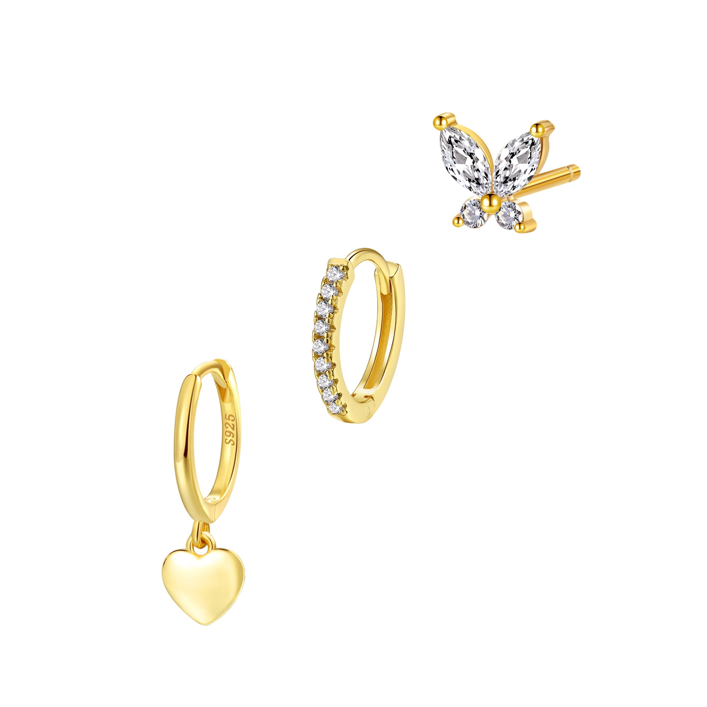 Heart & Butterfly Earring Stack Sterling Silver Gold