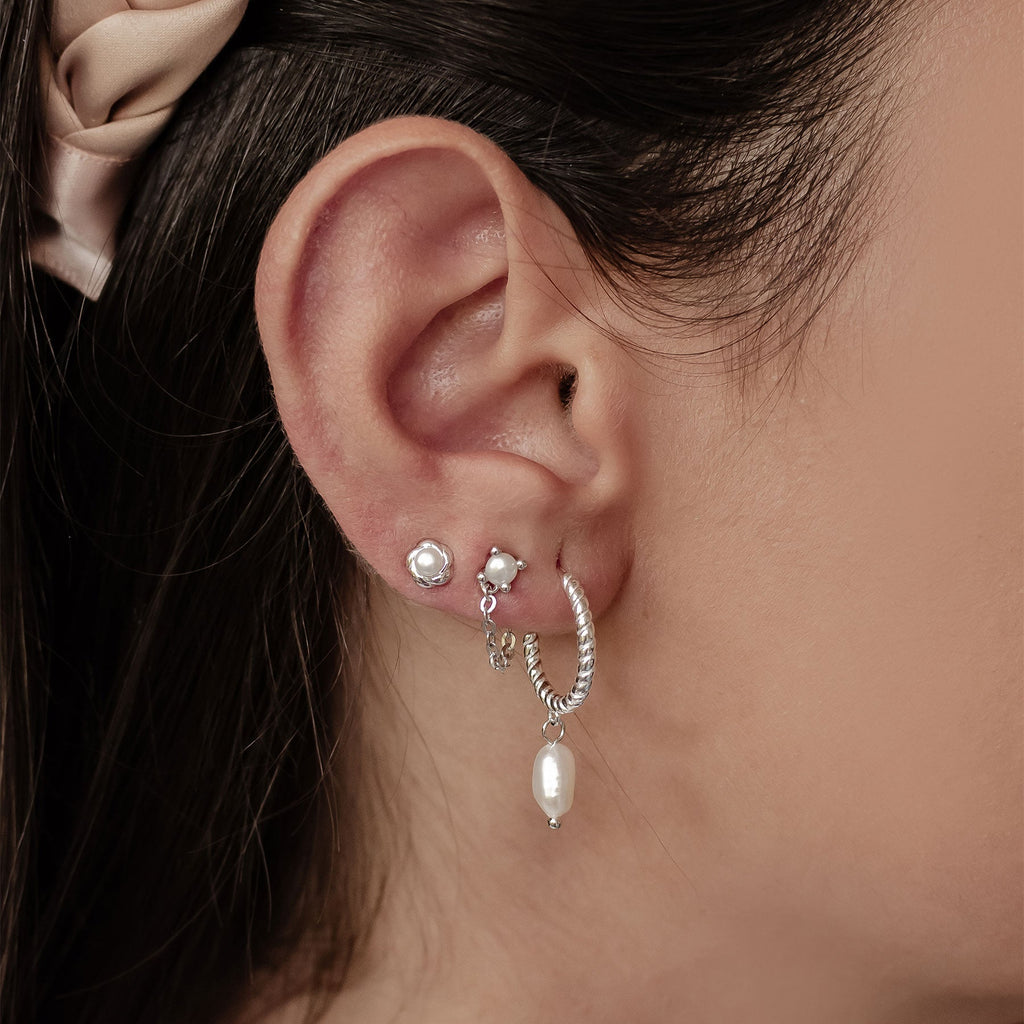 Pearl Hoop & Stud Earrings Set Sterling Silver