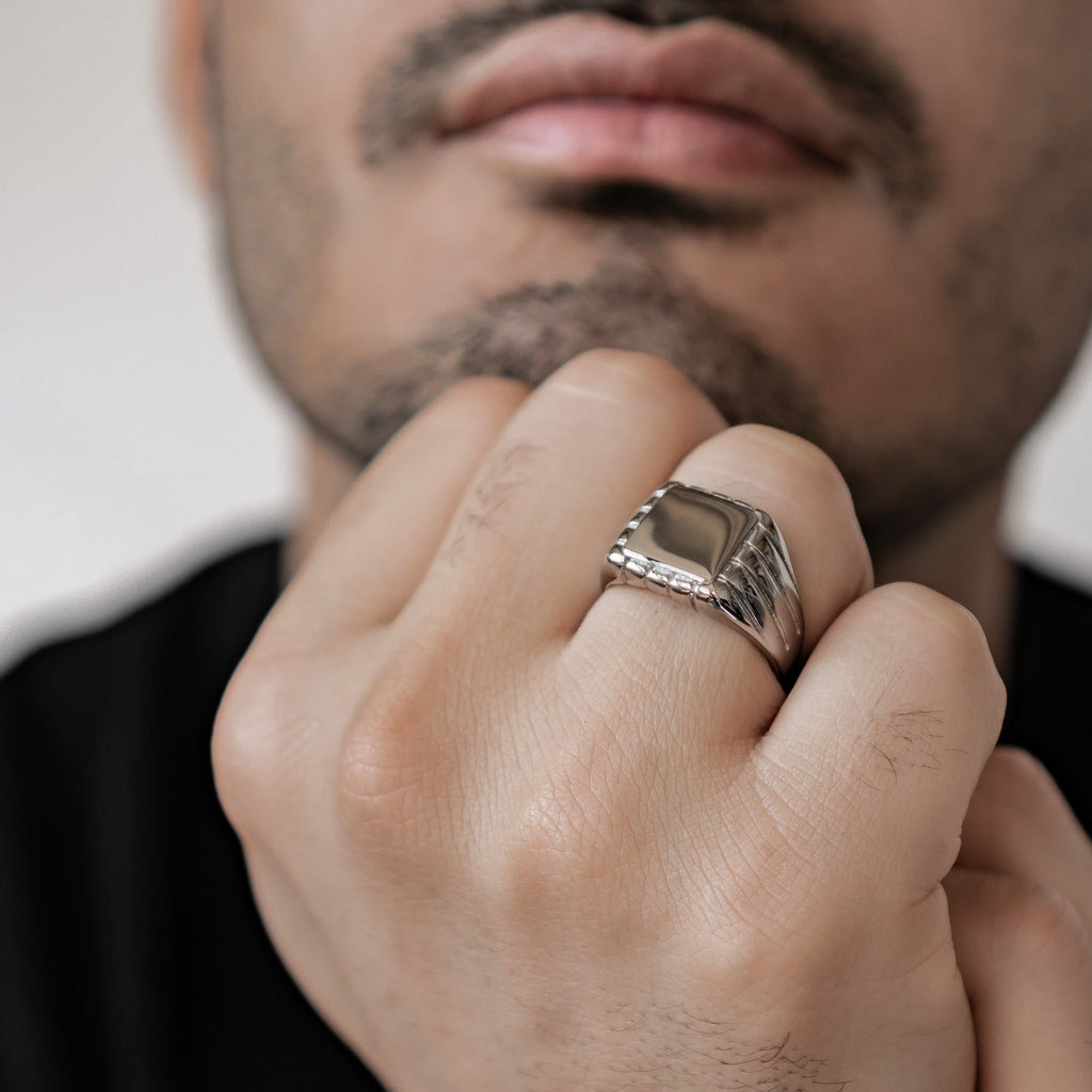 Engraved Square Signet Ring Men Stainless Steel