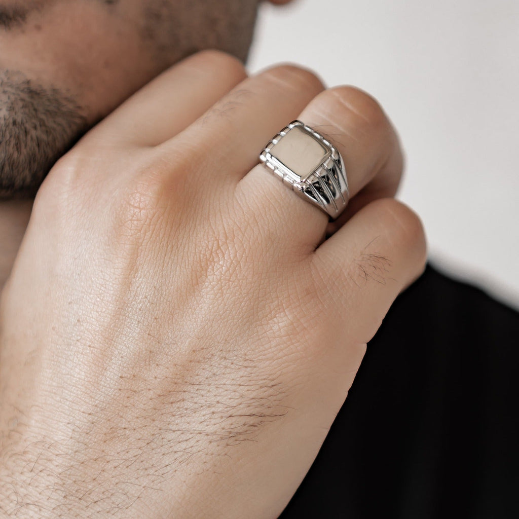 Engraved Square Signet Ring Men Stainless Steel