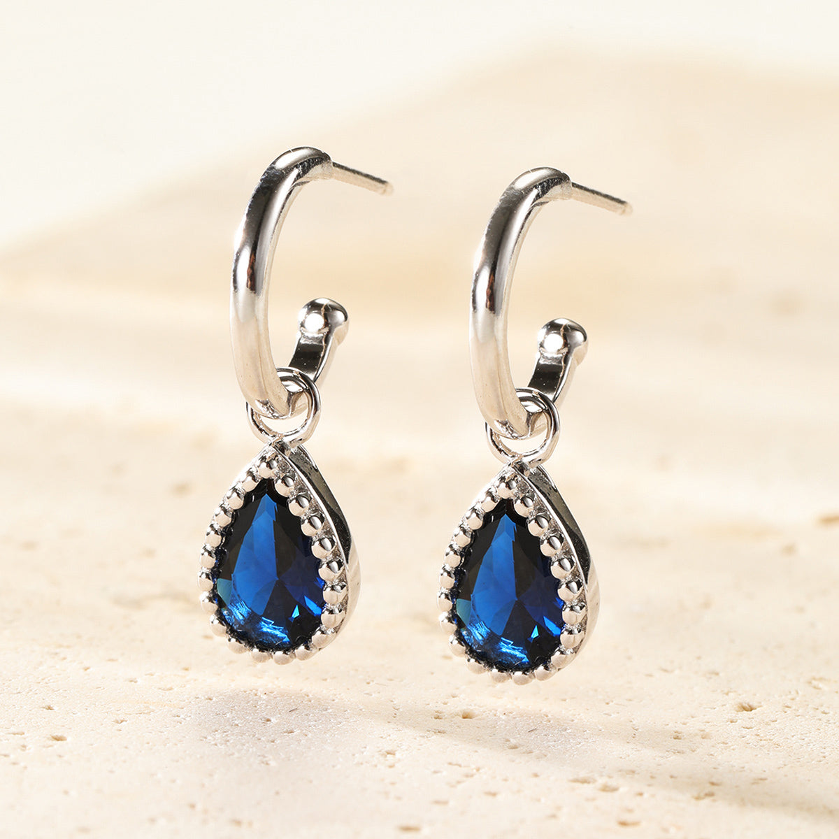 September Sapphire Birthstone Hoop Earrings Sterling Silver