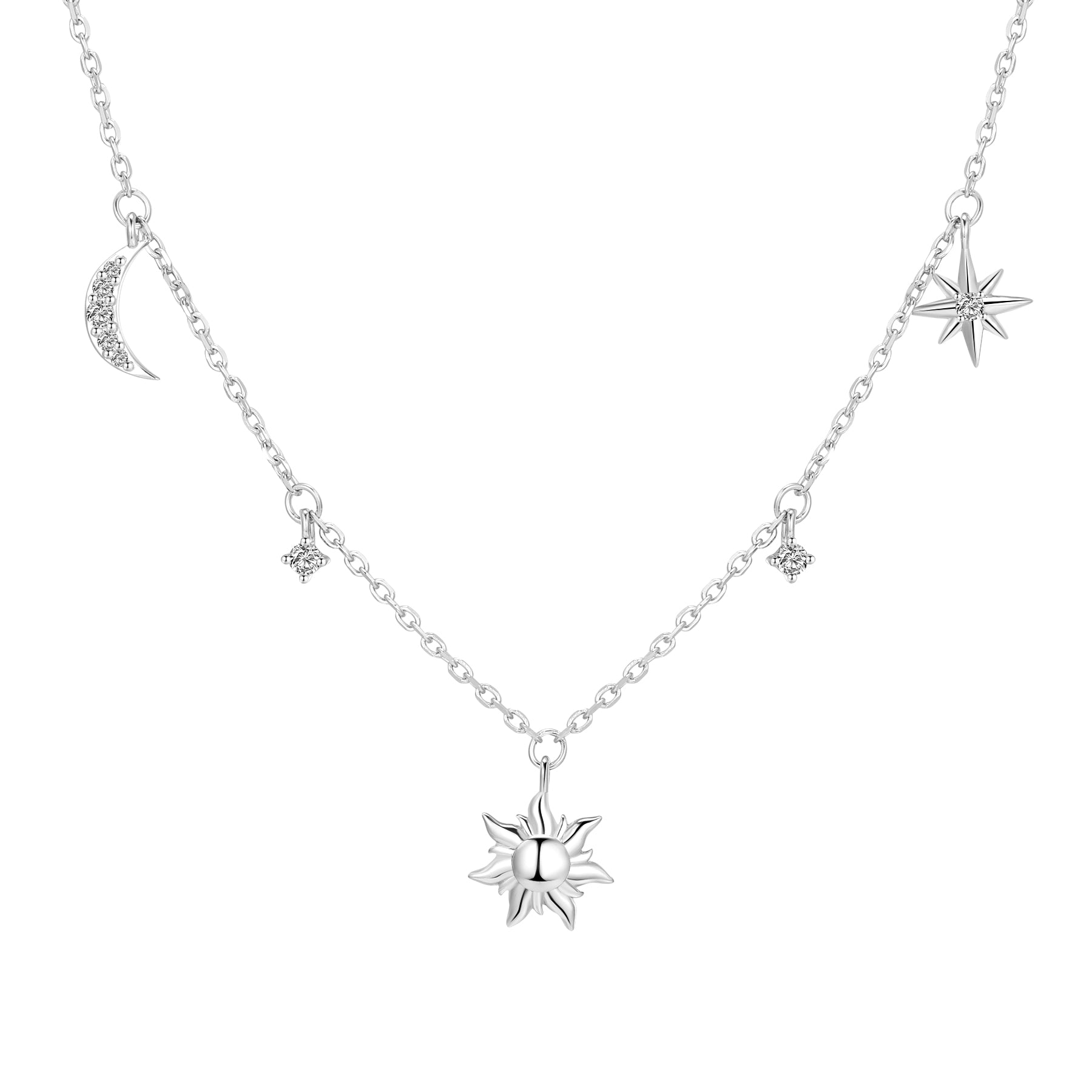 Sun Moon & Stars Charm Necklace Sterling Silver