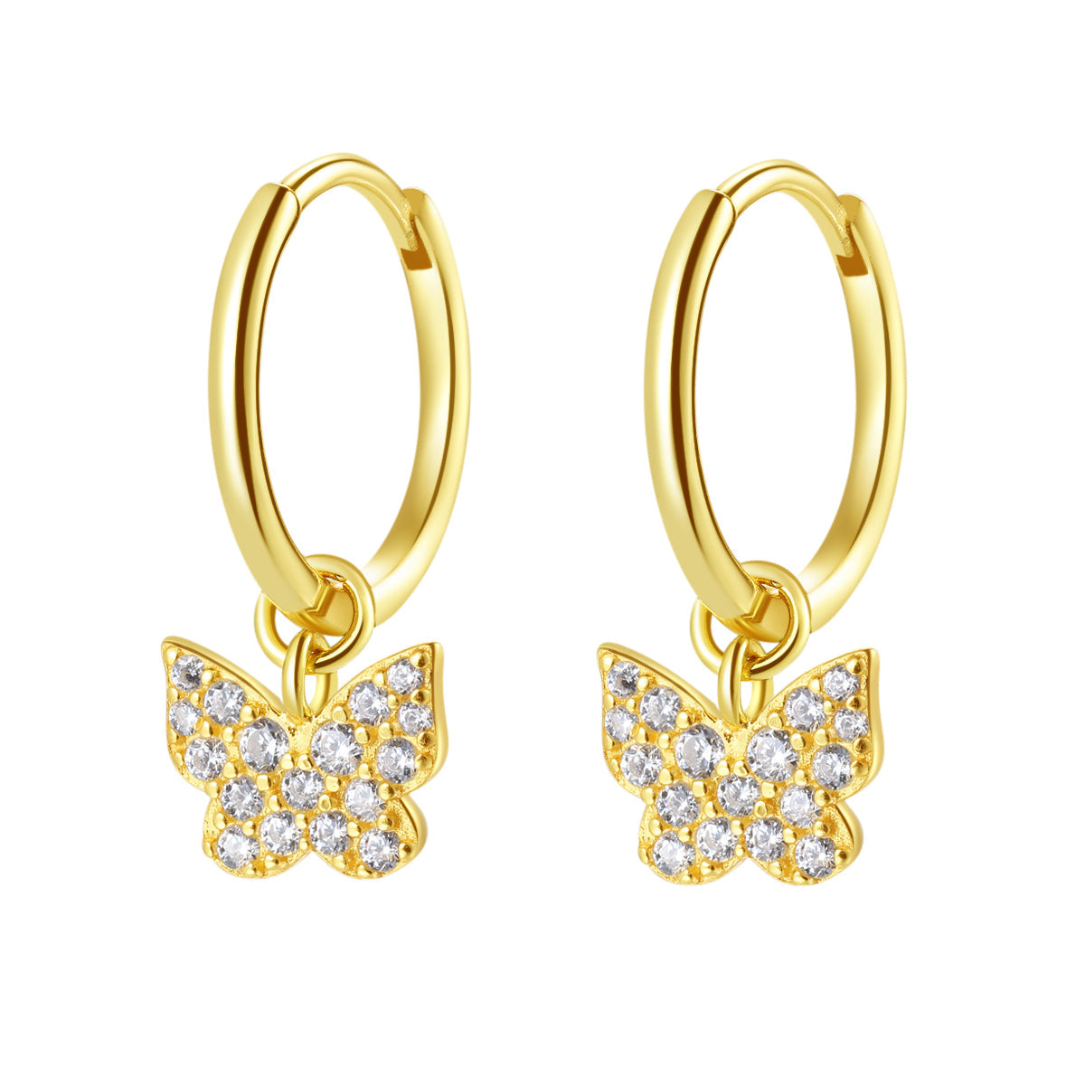 Butterfly Charm Hoop Earrings Sterling Silver Gold