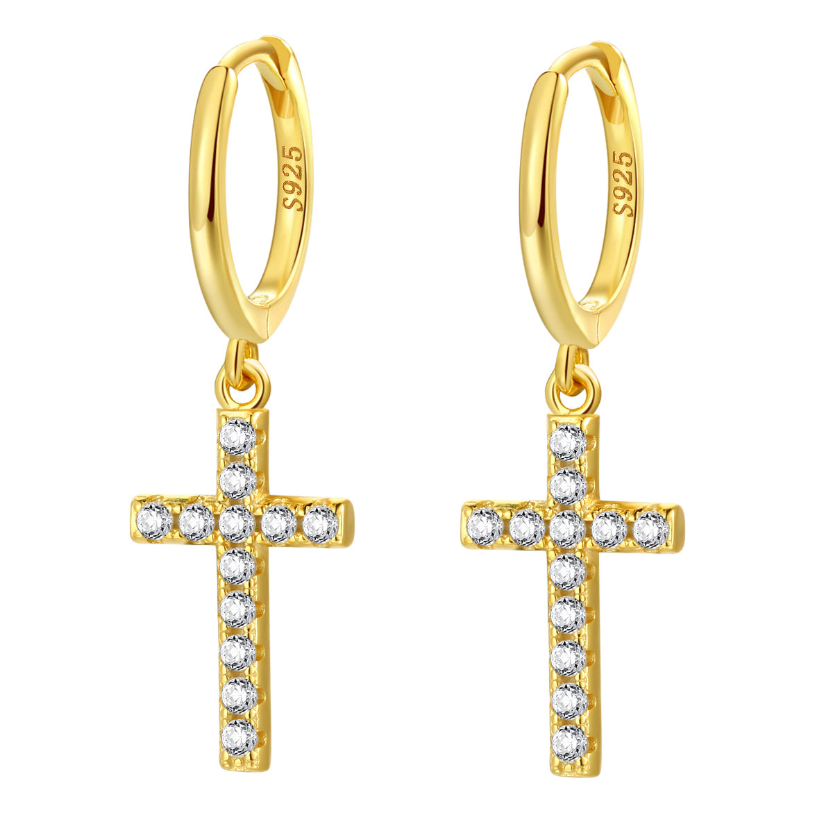 Cross Huggie Earrings Sterling Silver Gold