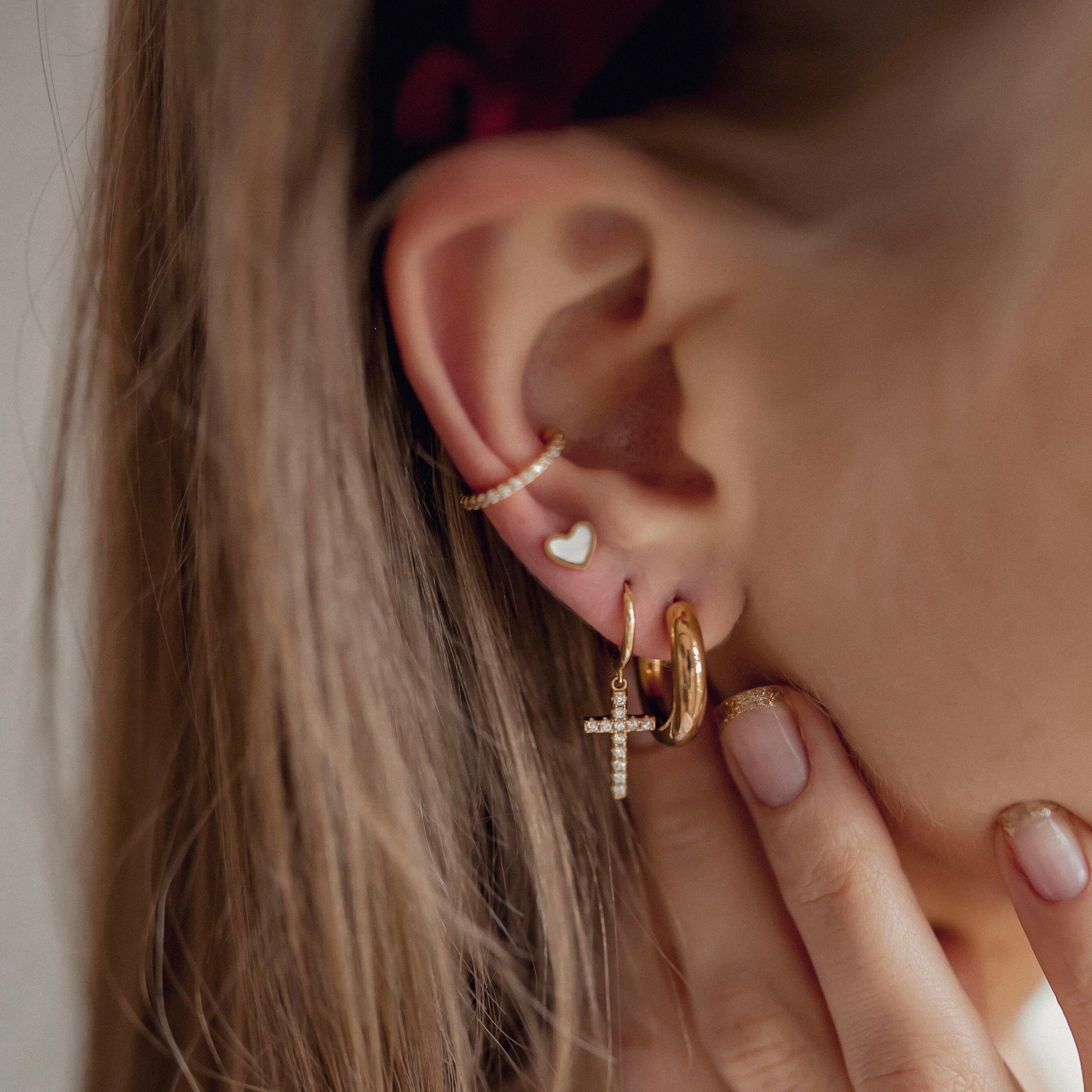 Cross Huggie Earrings Sterling Silver Gold