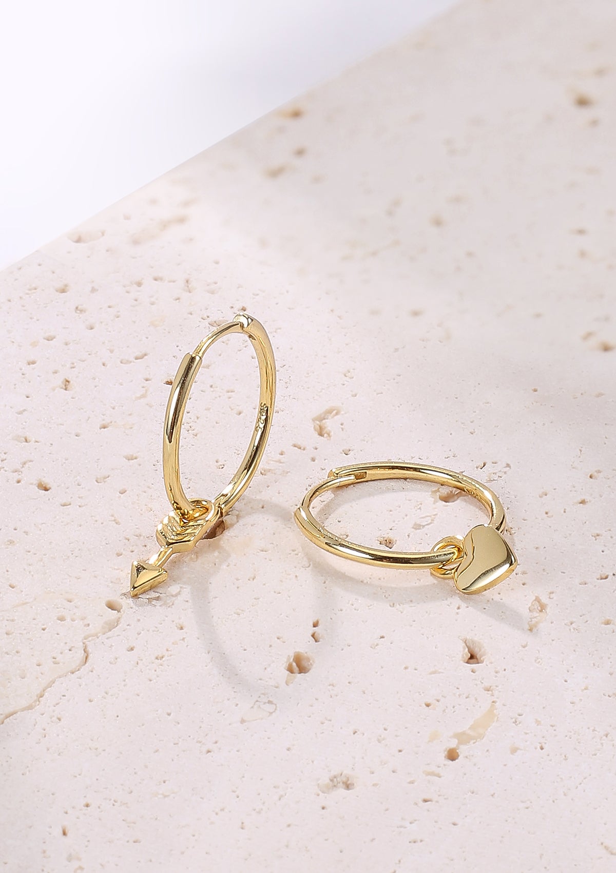 Heart and Arrow Charm Hoop Earrings Sterling Silver Gold