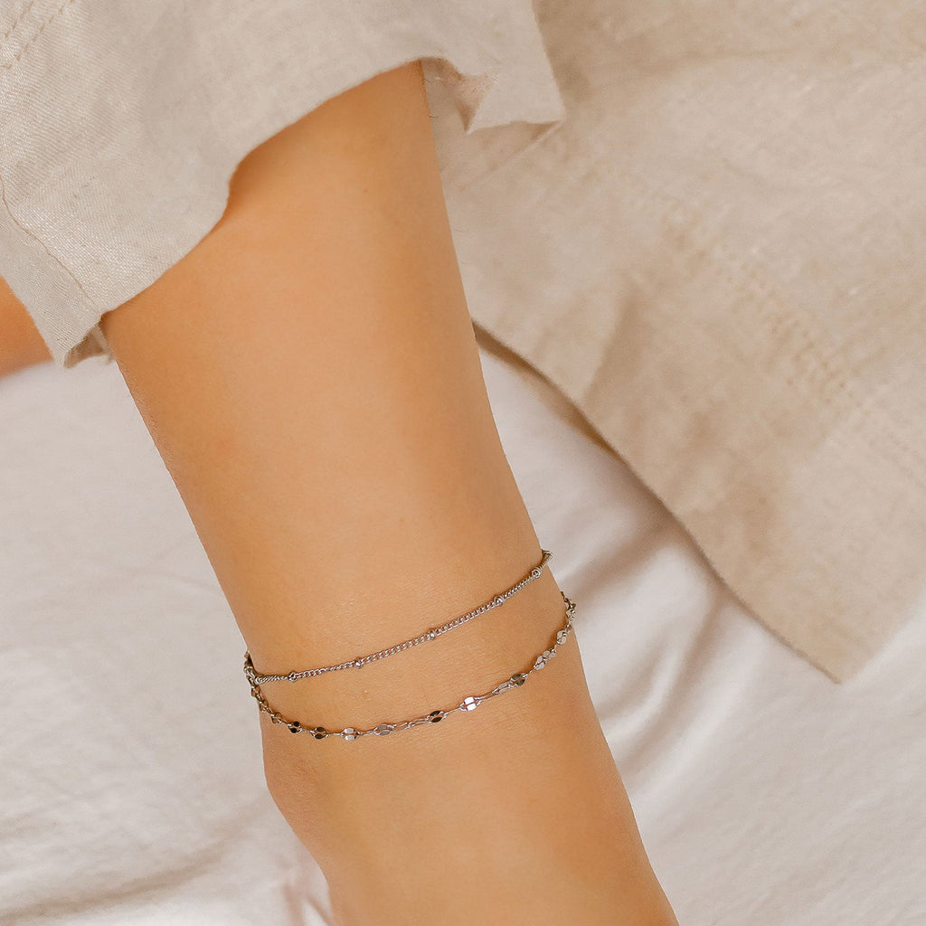 Layered Curb and Bobble Chain Anklet Silver